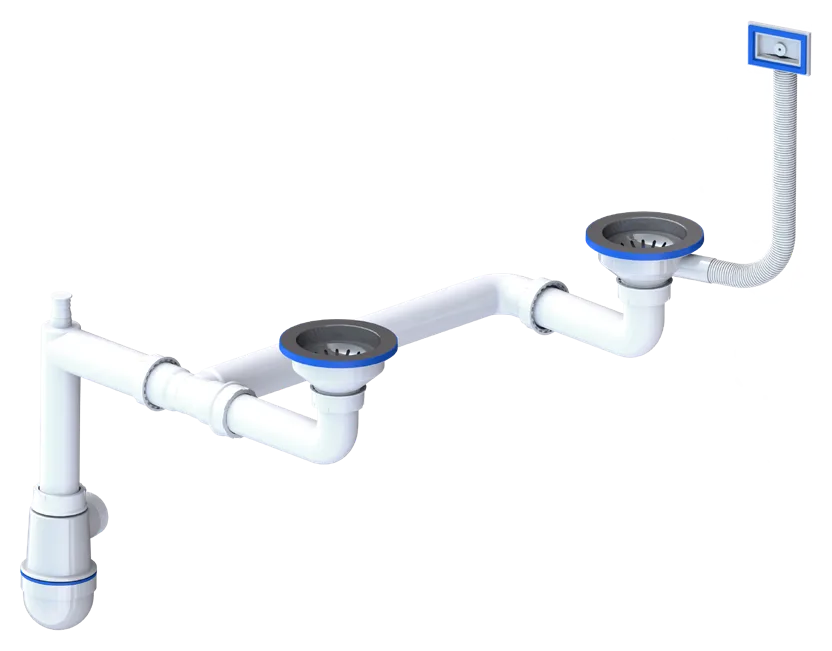 Space-Saving Double Bottle Trap Siphon Ø115 With Ø32 Extendable Outlet