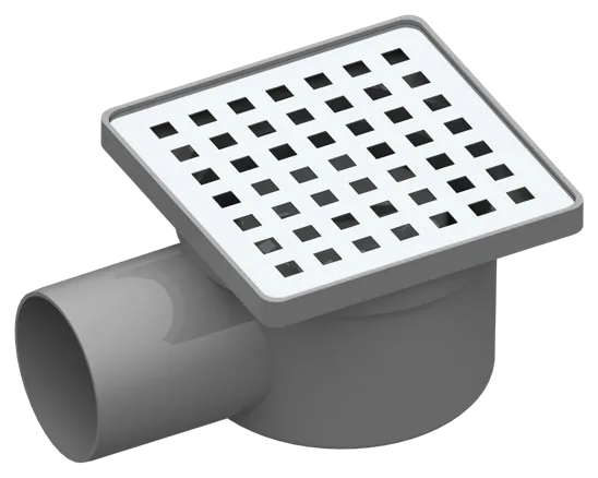 100 × 100 mm Floor Drain With Ø50 mm Side Outlet, 304 Stainless Steel Grate – Gray