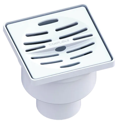 100 × 100 mm Siphon de sol avec Ø50 mm sortie basse, grille en plastique – blanc