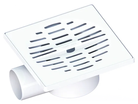 150 × 150 mm Floor Drain With Ø50 mm Side Outlet, Plastic Grate – White