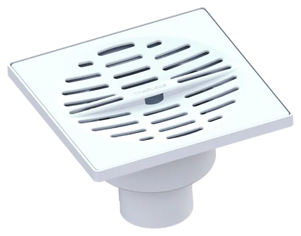 150 × 150 mm Floor Drain With Ø50 mm Bottom Outlet, Plastic Grate – White