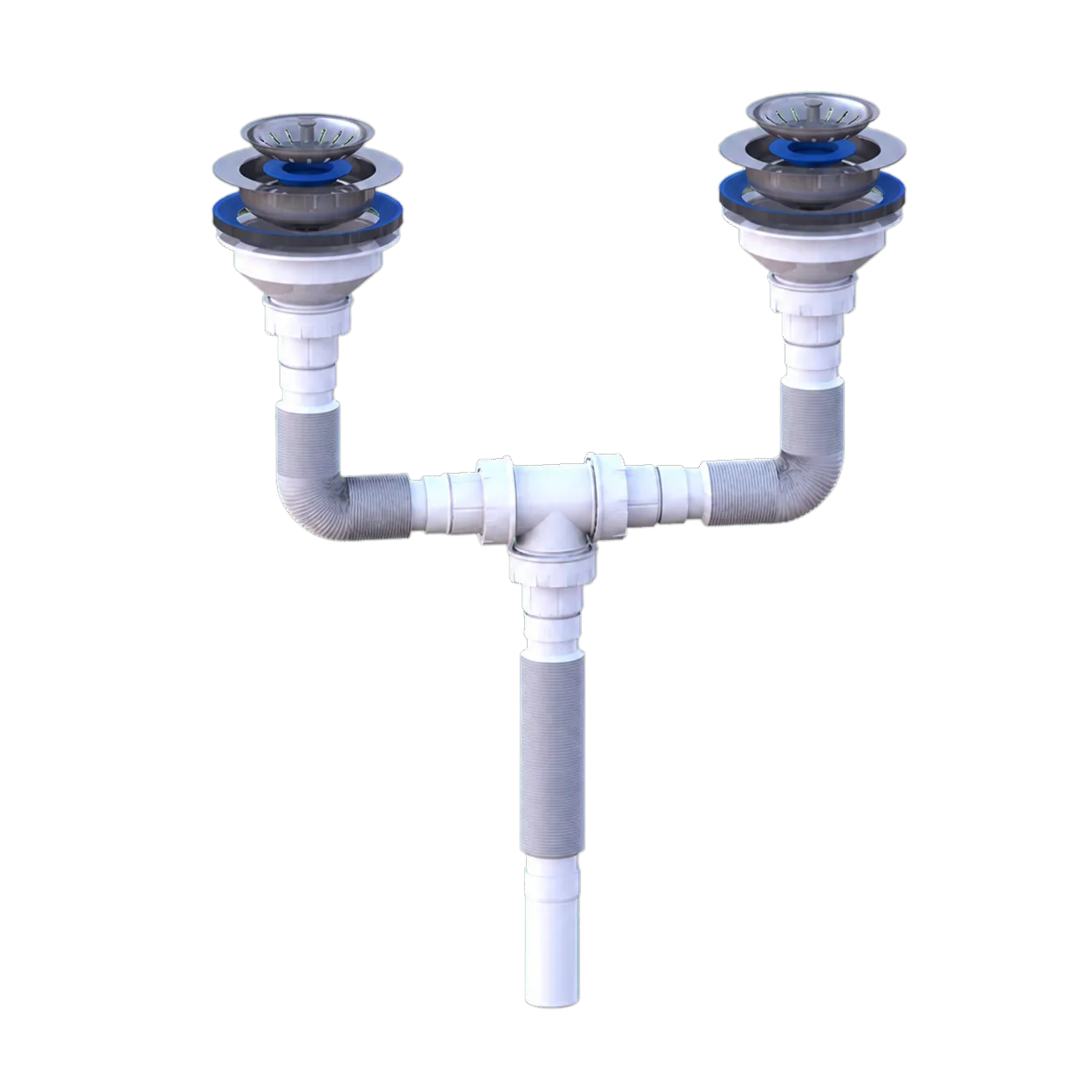 Double Ø115 Kitchen Basket Strainer Waste, 25 mm Brass Screw and Ø32 Extendable Outlet – 800 mm – White