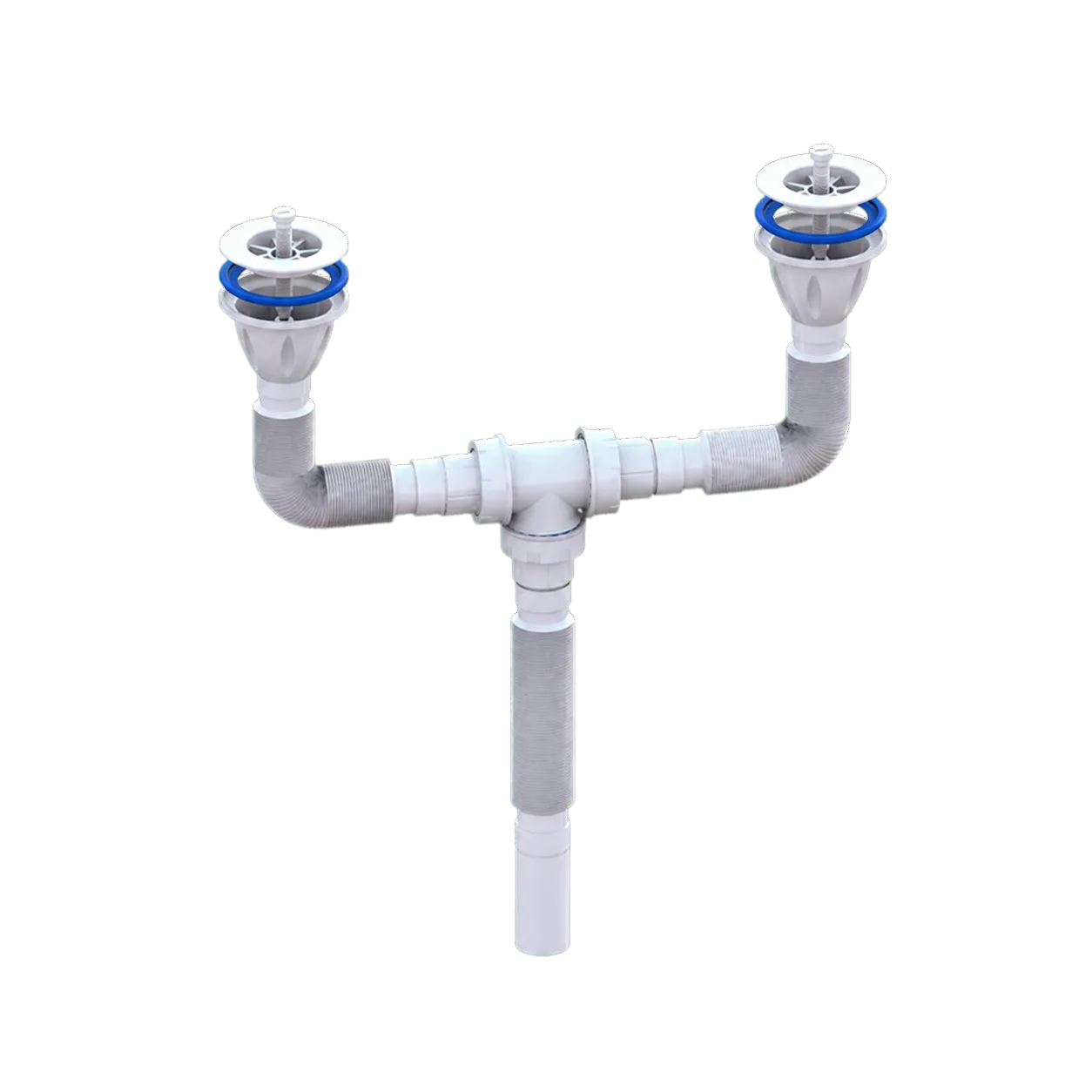 Double Ø80 Basin Waste Extendable Siphon With Plastic Strainers and Ø32 Washing Machine Outlet