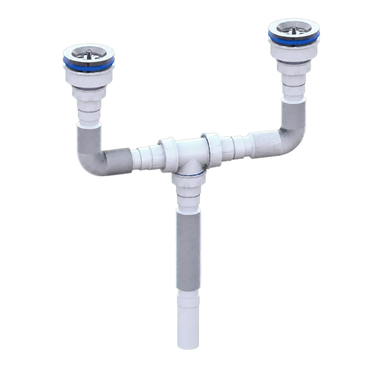 Double Ø80 Basin Waste Extendable Siphon With 304 Stainless Steel Strainers and Ø32 Outlet – 800 mm – White